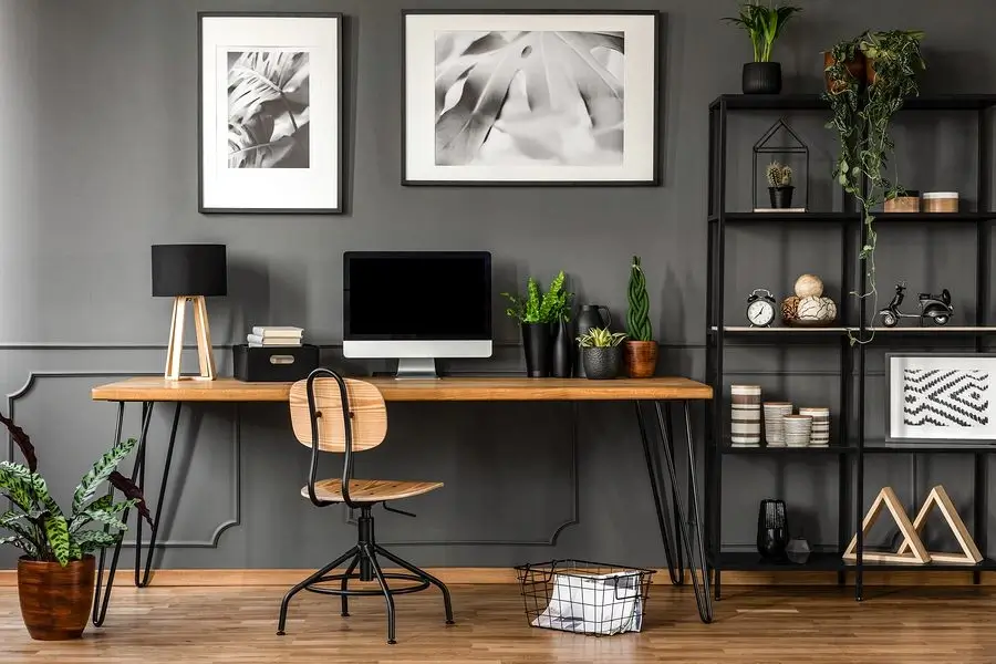 A well-organized new home office with plants and a computer.