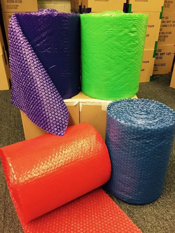 Rolls of bubble wrap and packing tape.