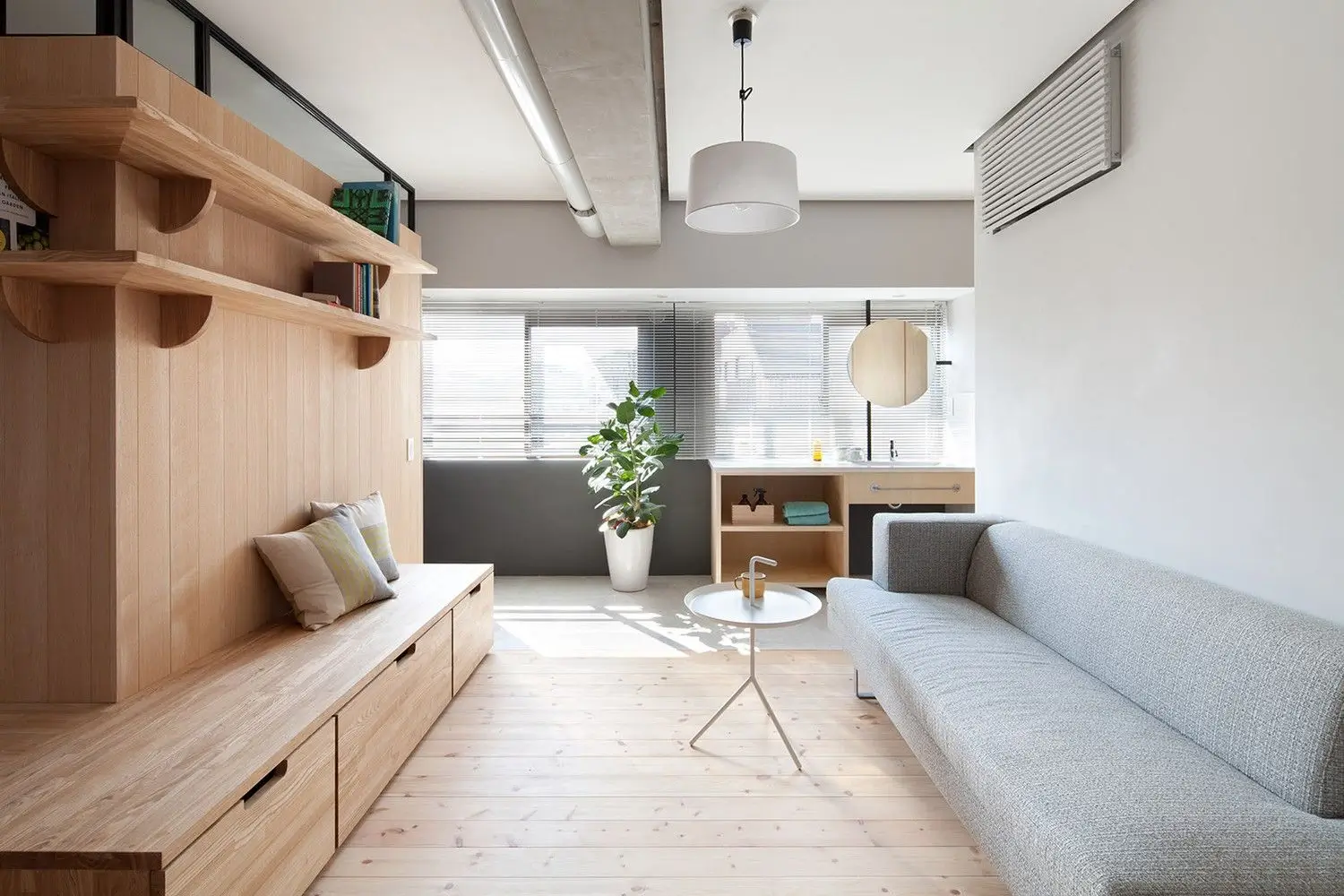 A modern and compact studio apartment.