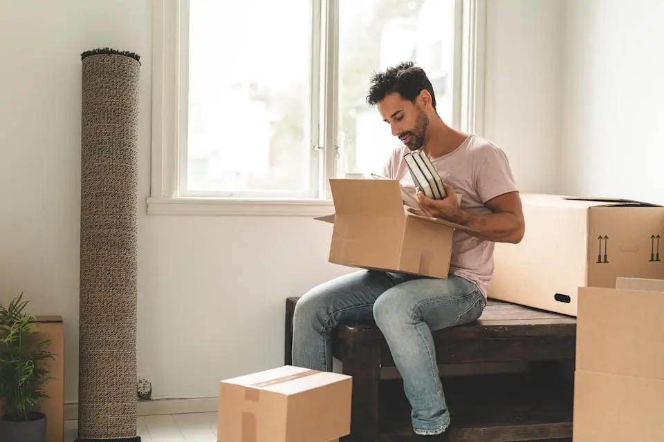 A person carefully packing books into a box.