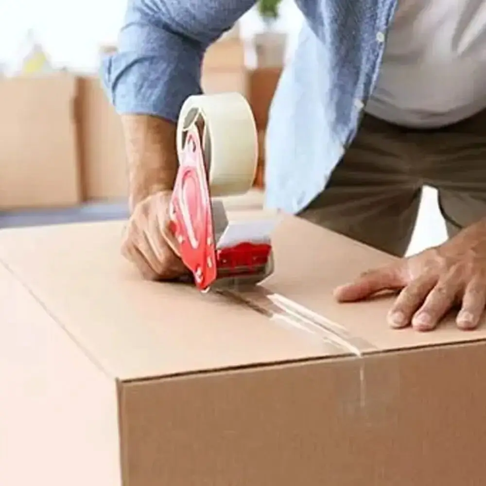 A person carefully packing books into a box.