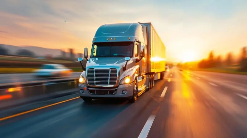 A moving truck driving on a highway at sunset.